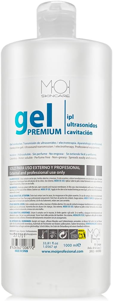 Gel conductor especial IPL Ultrasonidos incoloro y sin perfume MOI SKINCARE 1000ml